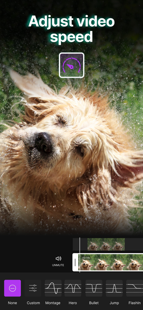 Mobile app interface for adjusting video speed with speed curve presets like Montage and Hero.