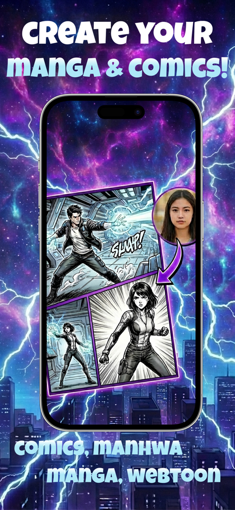 KOMA:Comic Maker Manga, Manhwa - KOMA app showing a real photo transformed into a manga character within a comic book panel.