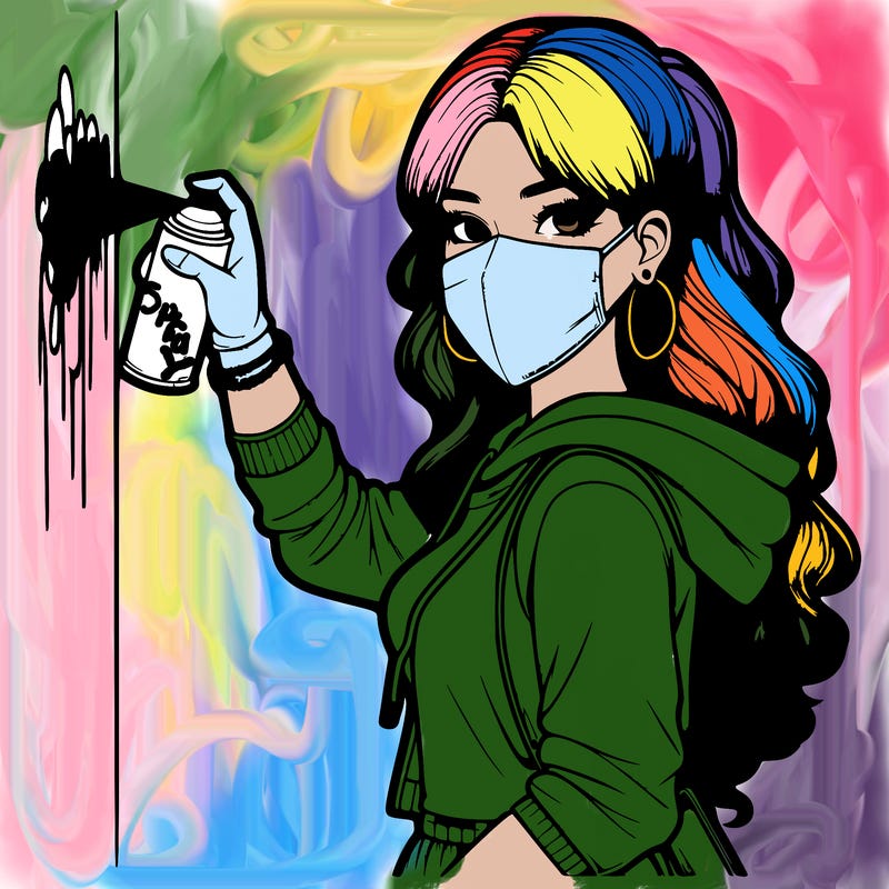 realistic girl with mask spray painting a wall