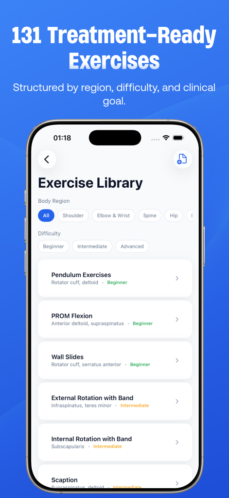 PhysioPocket: PT SOAP AI - PhysioPocket app Exercise Library screen listing physical therapy treatments by body region and difficulty.
