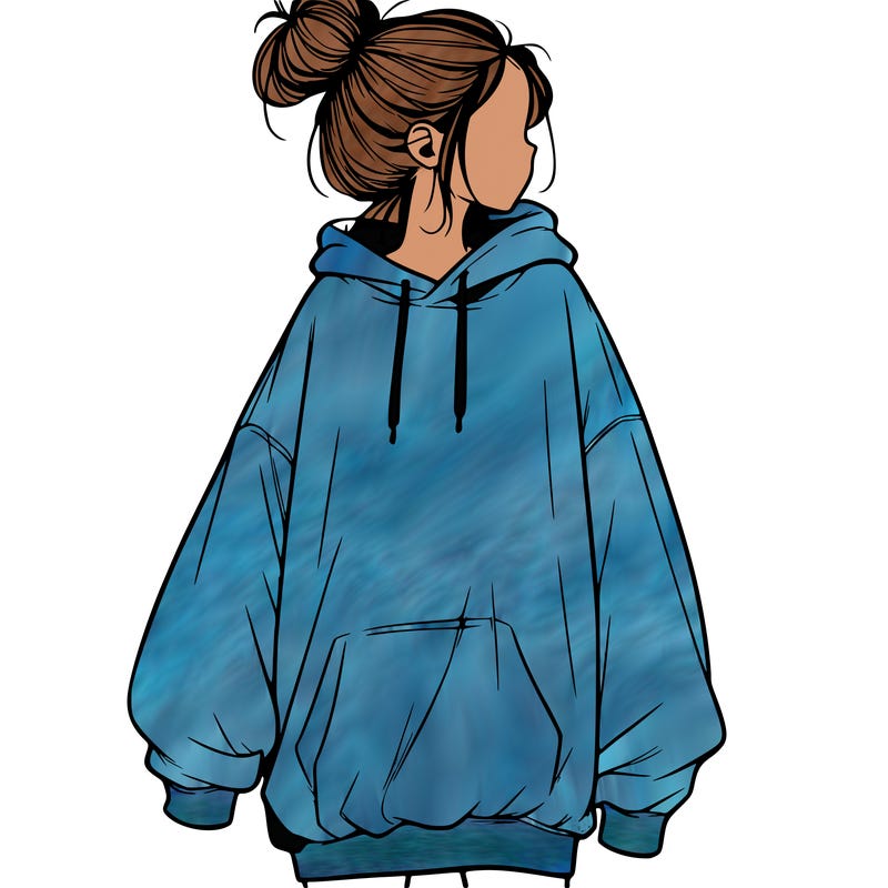 realistic girl with a oversized sweatshirt on and a bun