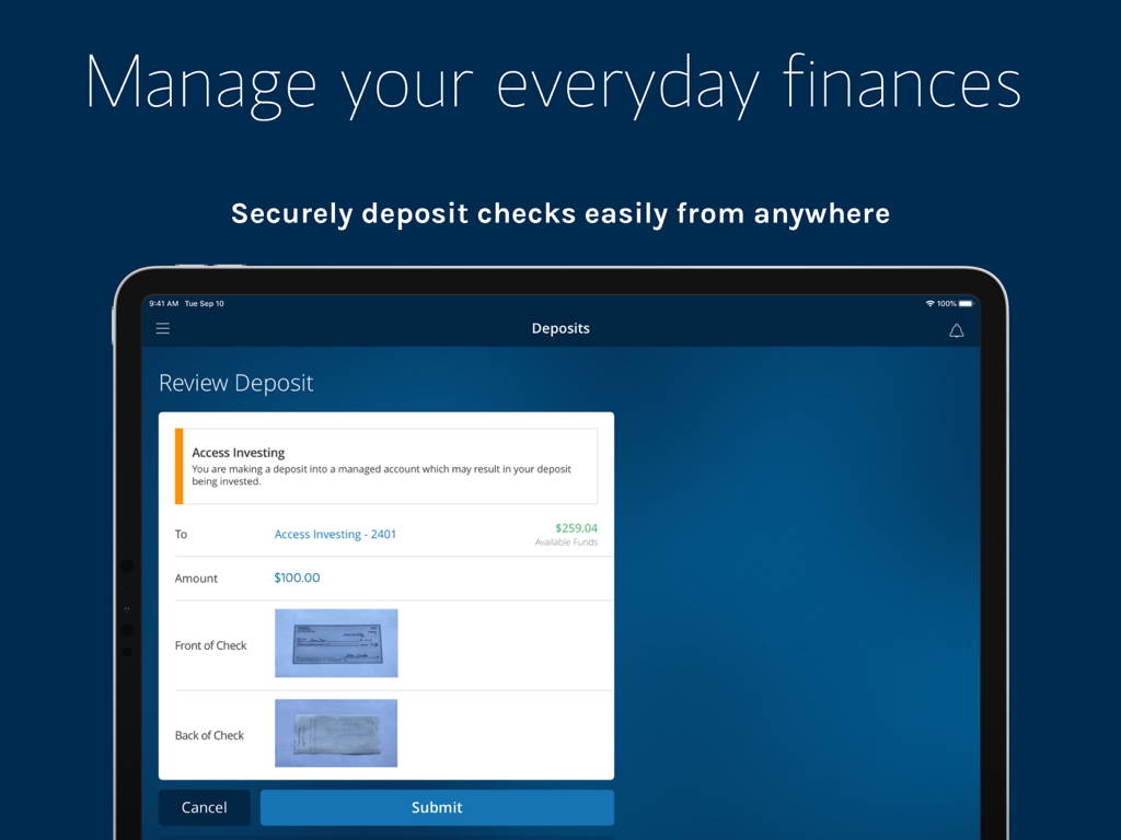 Morgan Stanley Wealth – Tablet - Morgan Stanley Wealth tablet app screen for reviewing a mobile check deposit
