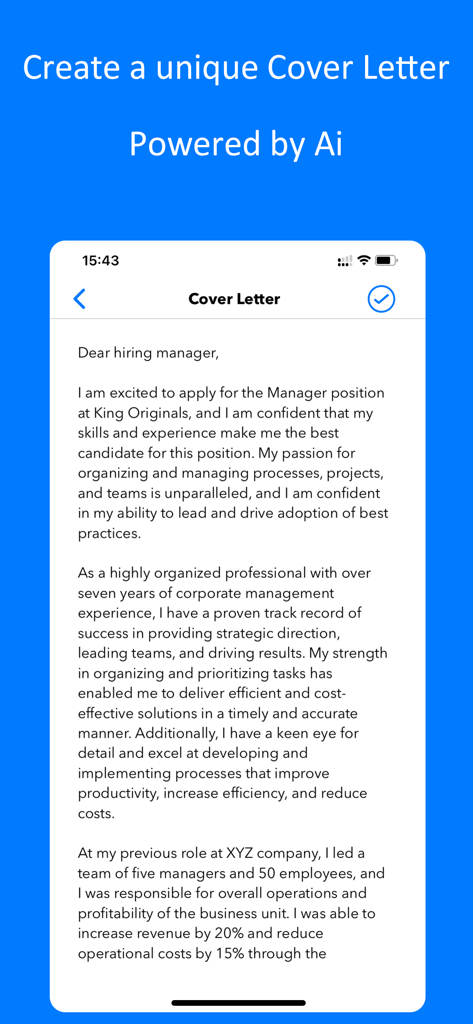 A professional cover letter being generated by AI on a mobile phone interface within the Resume Builder app.