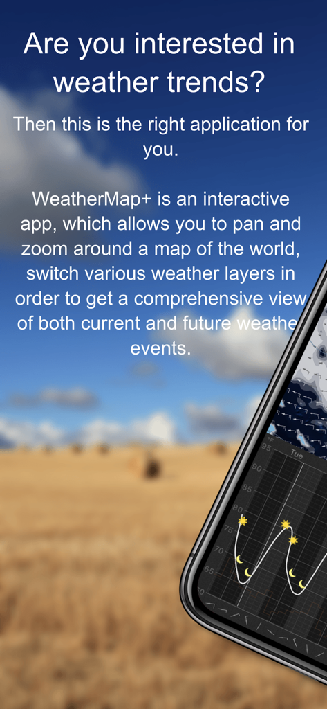 WeatherMap+ - Pantalla de introducción de la aplicación WeatherMap plus mostrando un gráfico de tendencias de temperatura y clima en un smartphone