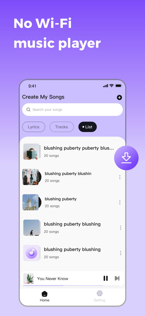 Music Muse app interface displaying a list of created songs and offline player controls