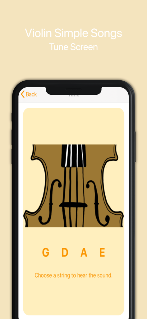 Violin Simple Songs - バイオリンのイラストに表示されるG D A E弦を示すバイオリン簡単ソングアプリのチューニングインターフェース