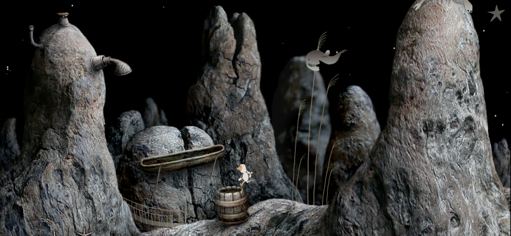 Samorost 2 - Un piccolo gnomo bianco in piedi su una struttura rocciosa strutturata in un ambiente spaziale surreale