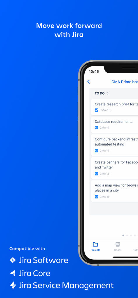 Pantalla móvil de la aplicación Jira Data Center que muestra una lista de tareas pendientes para un proyecto