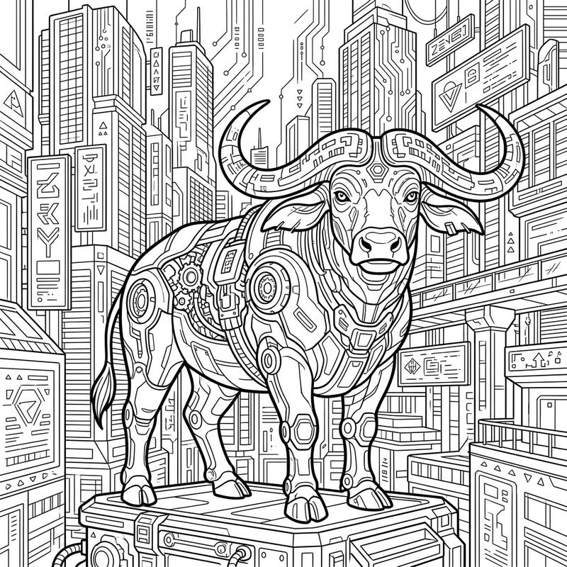 Step into a dystopian future with this unique Cyberpunk Water Buffalo coloring page. Featuring intricate robotic details and a towering futuristic cityscape, it offers a challenging and rewarding creative experience.