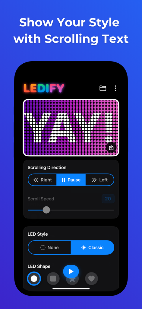 LED Scroller: Ledify - Pantalla de personalización de la aplicación Ledify para banners de texto LED deslizantes