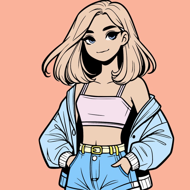 a realistic girl with a crop top and short shorts in an open jacket