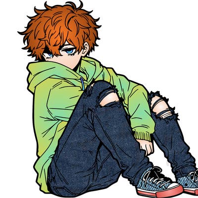 a male hoddie ripped jeans messy hair anime