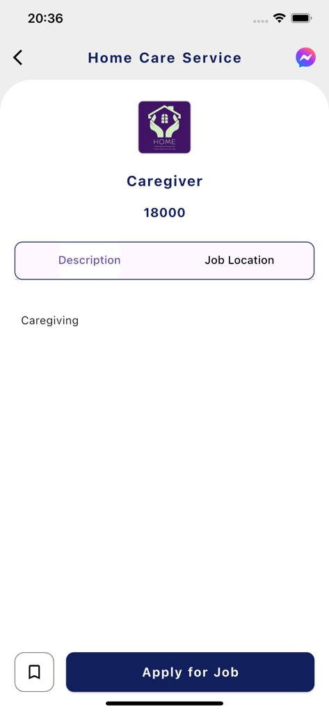 Job details screen for a caregiver position showing the description and apply for job button within the Myanmar to Thai Learning app.