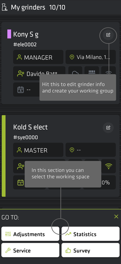 Interface of the Mazzer app displaying a list of connected coffee grinders with management options and navigation buttons for adjustments, statistics, service, and surveys.