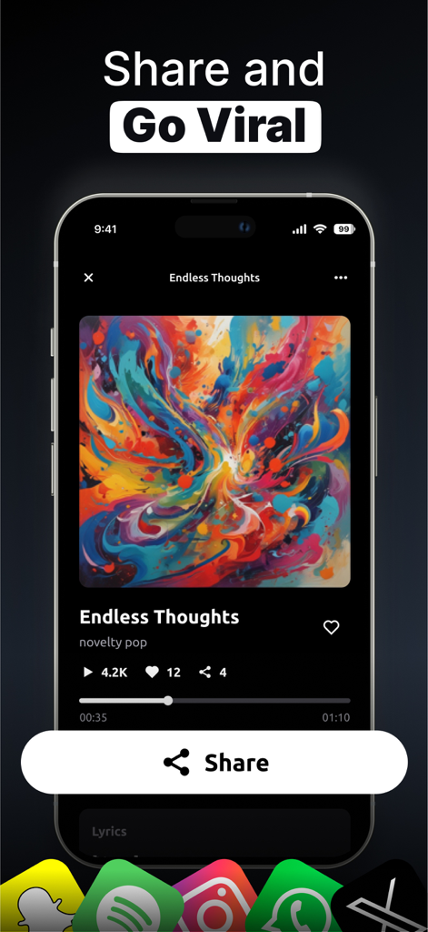 AI Song Generator - Zona - Interface of Zona AI app showing options to share generated music on social media platforms