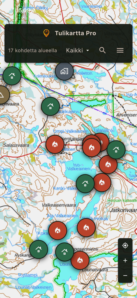 Tulikartta Pro - Mappa topografica che mostra destinazioni all'aperto come aree barbecue e rifugi nell'app Tulikartta Pro