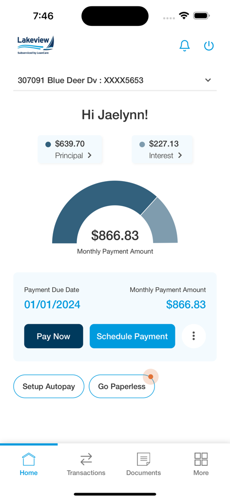 Lakeview Mortgage app dashboard showing monthly payment amount breakdown and payment options