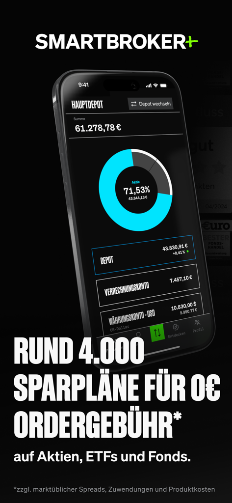 SMARTBROKER+ Aktien & ETF - Interfaz de la aplicación móvil Smartbroker plus que muestra un panel de cartera con asignación de activos y una promoción de operaciones de cero euros