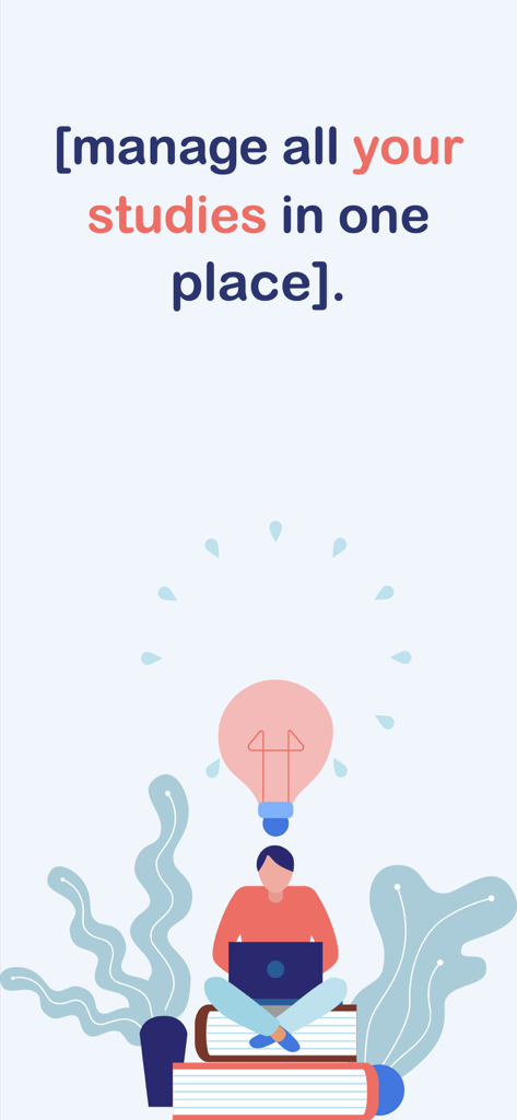 Study Planner: Schedule & task - Illustration d'un étudiant assis sur des livres avec un ordinateur portable et une ampoule au-dessus de sa tête représentant l'organisation des études