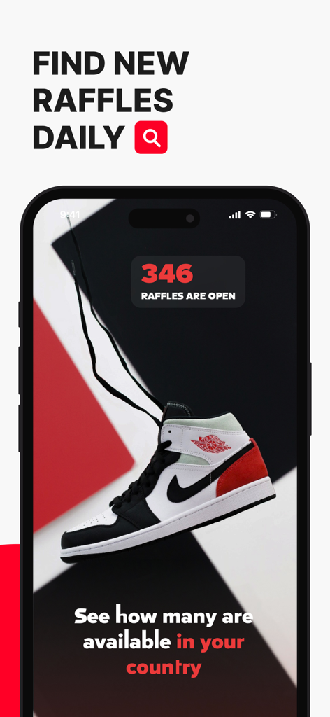 Sneakers Drops: Release＋Raffle - iPhone画面に、オープン中の抽選と地域別の利用可能性を示すスニーカー抽選トラッカーが表示されています。
