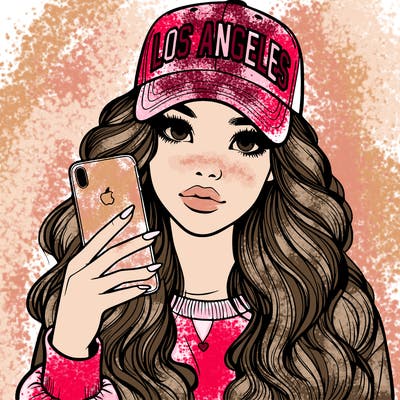 realistic beautiful girl wearing los ángeles cap holding an iphone