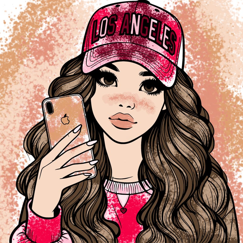 realistic beautiful girl wearing los ángeles cap holding an iphone