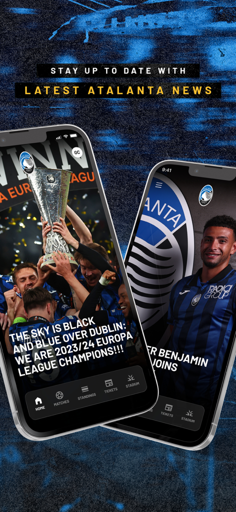 Atalanta BC Official App - Atalanta BC Official App interface displaying latest news and Europa League trophy celebration on smartphone screens