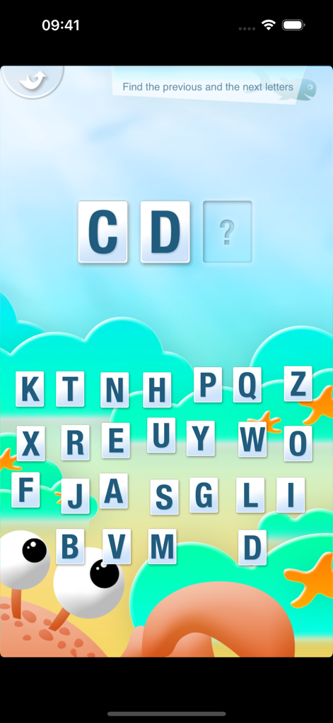 Learning alphabet is fun - Pantalla de juego educativo que muestra un rompecabezas de secuenciación alfabética para que los niños encuentren la siguiente letra.