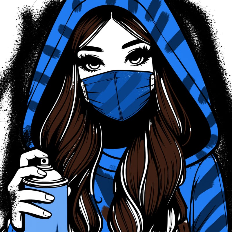 girl wearing a mask with long hair with her hood up spray-painting realistic