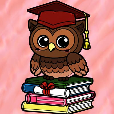 flat 3d style owl> wearing <graduation cap> on a <stack of books> with <a diploma>
