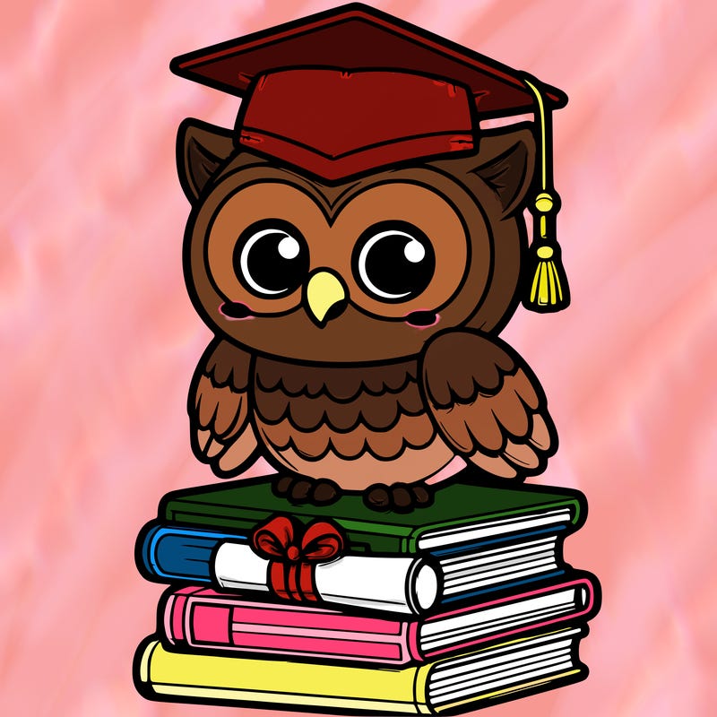flat 3d style owl> wearing <graduation cap> on a <stack of books> with <a diploma>