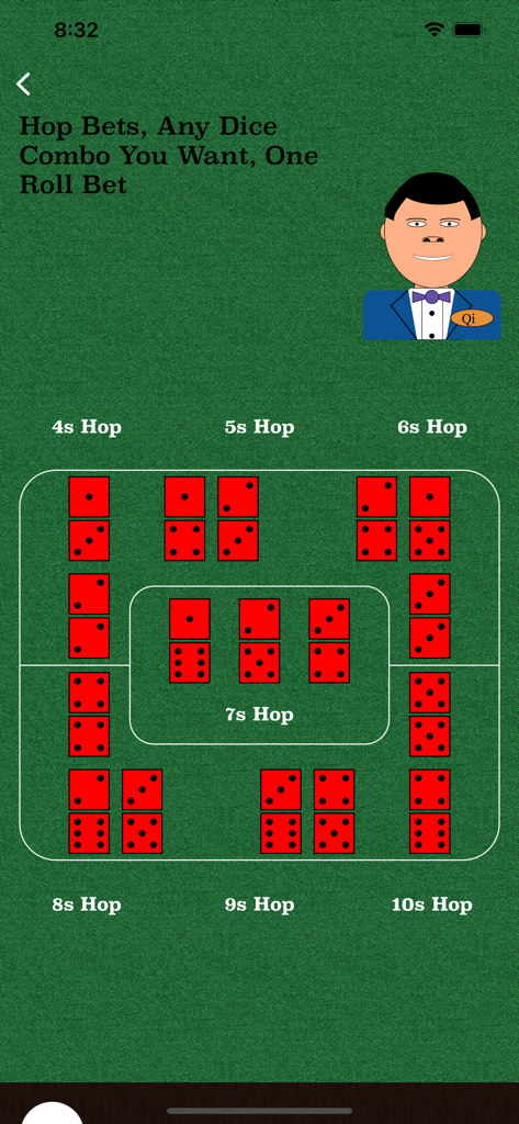 Learn Craps - Educational screen from the Learn Craps app explaining Hop Bets with various dice combinations on a green table background.