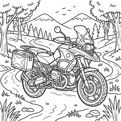 Get ready for an exciting ride with our adventure motorcycle coloring page, specially designed for young explorers. This fun illustration invites kids aged 4-8 to bring a rugged bike and its scenic trail to life with vibrant colors.
