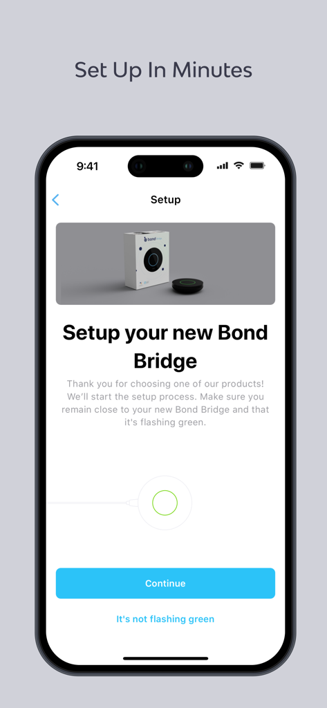 Bond Home app interface showing the setup process for a new Bond Bridge device
