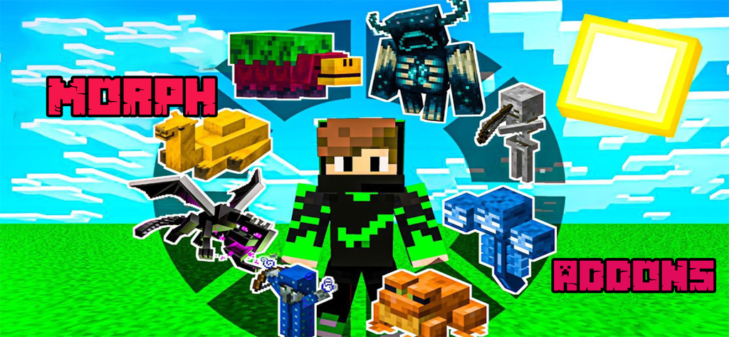 Morph mods for Minecraft - Minecraft character surrounded by various mobs including the Warden and Wither for morphing addons