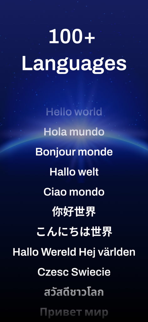 AI Note Taker: Meeting Minutes - A graphic showing support for over 100 languages with translations of Hello World on a dark blue background
