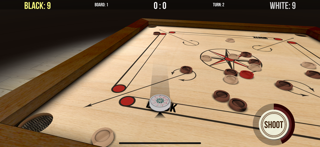 Realistic 3D carrom board gameplay showing the striker and chips from a low angle perspective