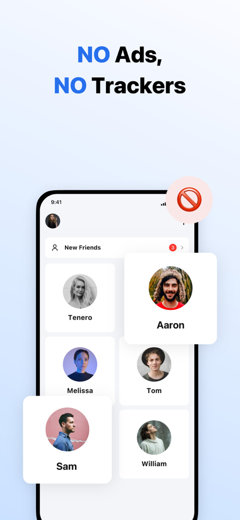 Duo Messenger app interface showing a clean contact list and the headline No Ads No Trackers