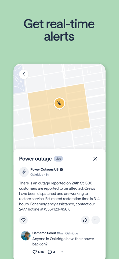 A screenshot of the Nextdoor app showing a real-time power outage alert with a neighborhood map