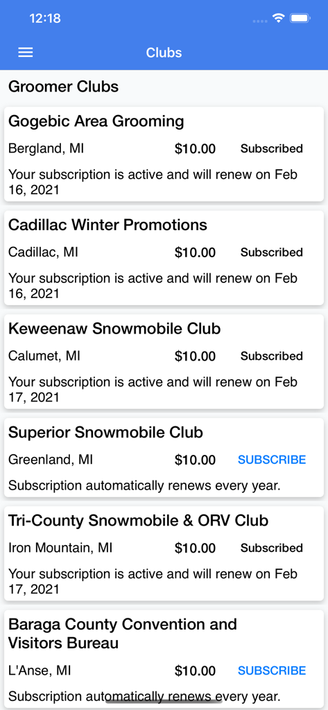 Écran de l'application GroomerTracker montrant une liste de clubs de dameurs de motoneige avec les détails d'abonnement et les prix.