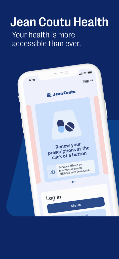 Jean Coutu Santé - Interface de l'application mobile Jean Coutu Santé pour le renouvellement des ordonnances
