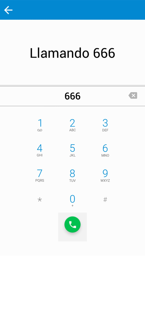 A mobile app dialer screen showing the number 666 being called with the text Llamando 666