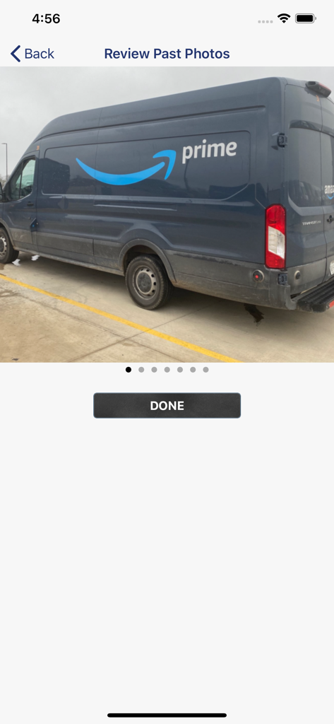 DAMAGE iD - Mobile app screen for reviewing past inspection photos of a delivery van