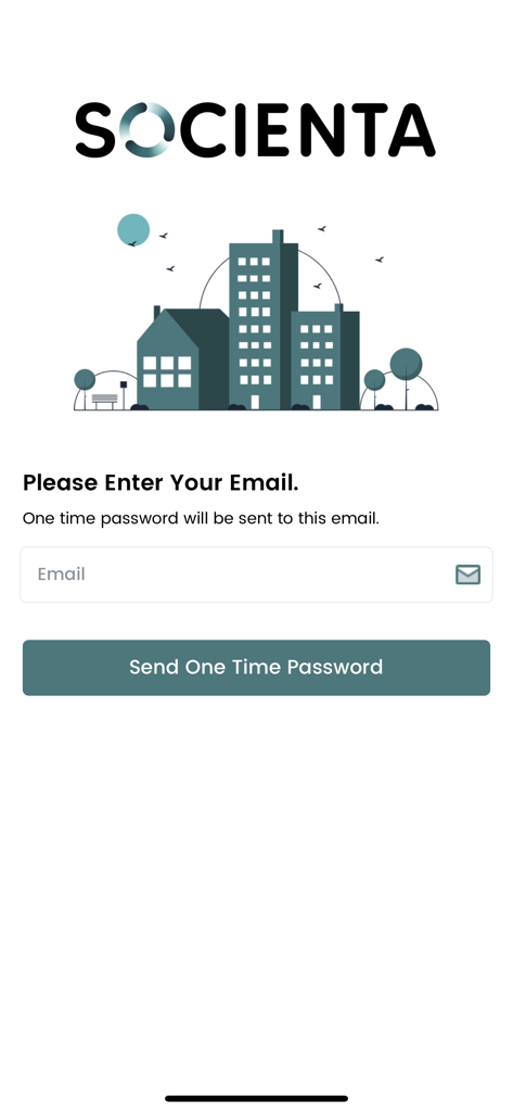 Socienta - Socienta app login screen featuring an urban building illustration and email address input field for a one-time password