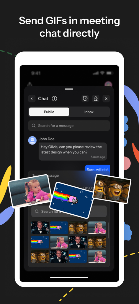 Huddle01 app chat interface showing a user selecting and sending GIFs during a video meeting.