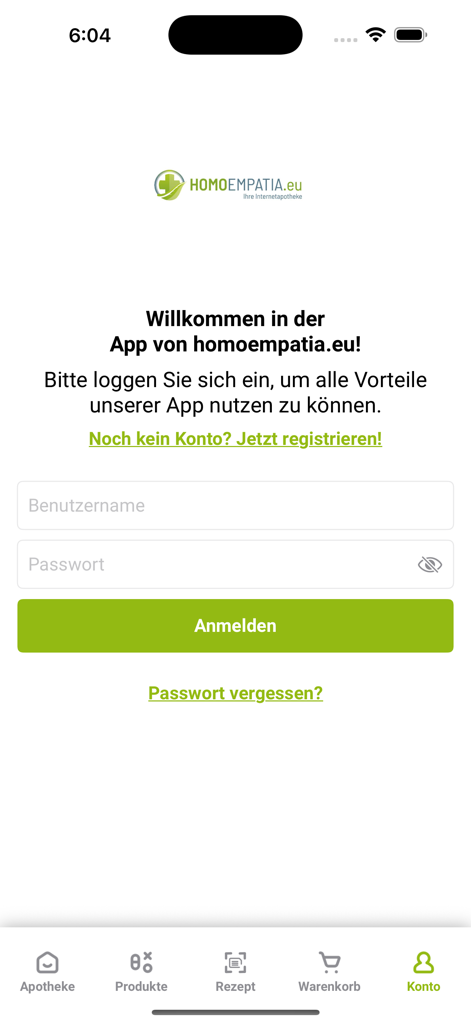 homoempatia.eu - Login screen of the homoempatia.eu German pharmacy mobile application