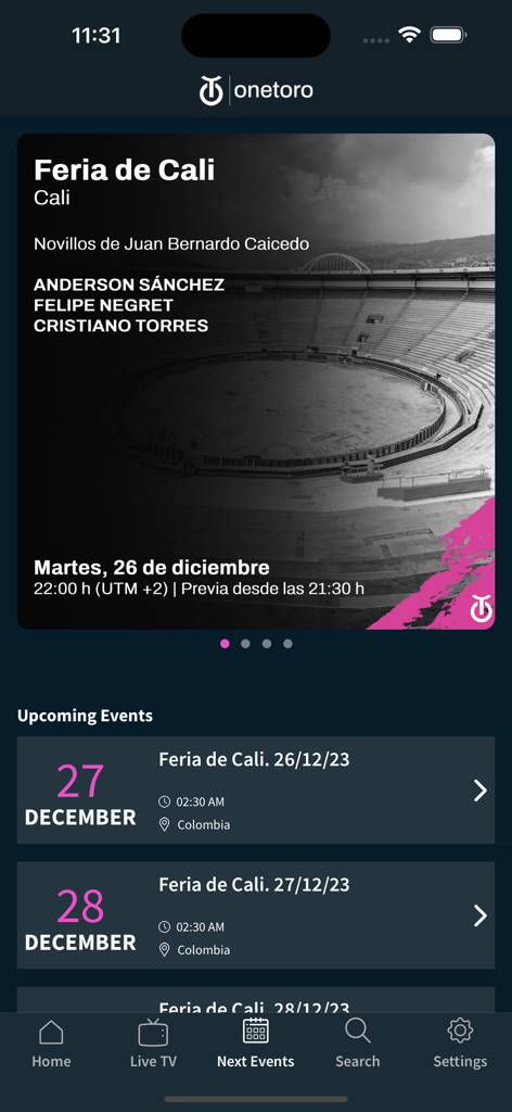 Onetoro app interface showing a list of upcoming bullfighting events and festival schedules