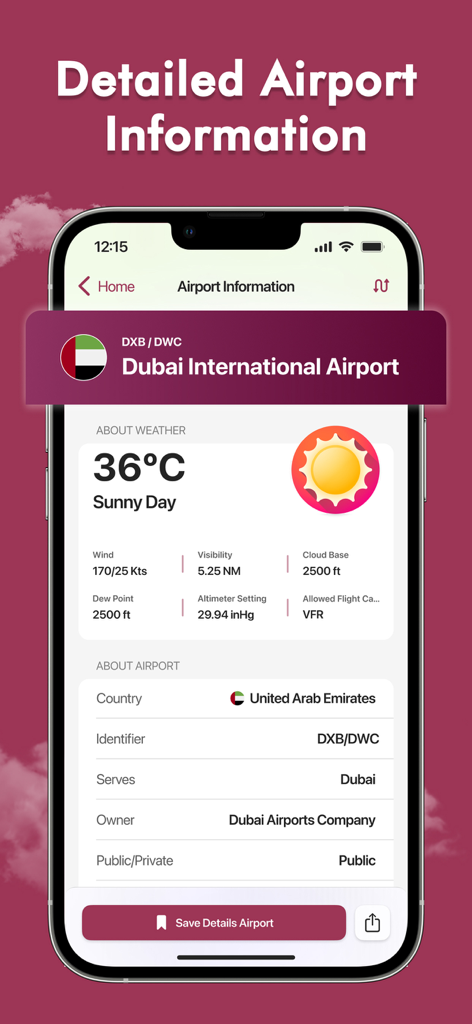 Spot Planes - Flights tracker - Información detallada del aeropuerto y del clima para el Aeropuerto Internacional de Dubái en la aplicación Spot Planes