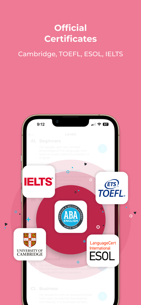 Pantalla de la aplicación ABA English que muestra certificados oficiales de IELTS, TOEFL, Cambridge y ESOL