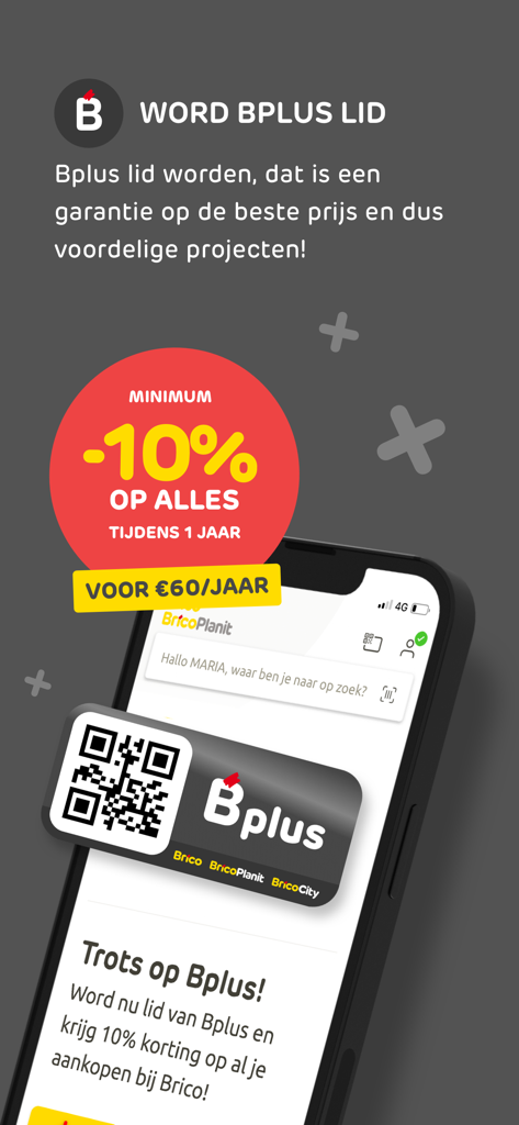 Bplus membership screen in Brico app showing 10 percent off everything for a yearly subscription